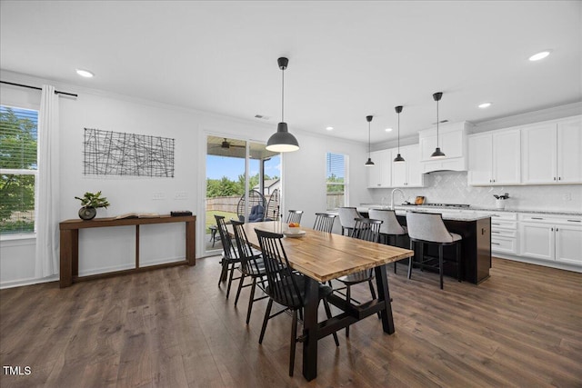 4508 Valley Crest Ln, Fuquay Varina, NC 27526 - dining space featuring dark wood finished floors, recessed lighting, and ornamental molding
