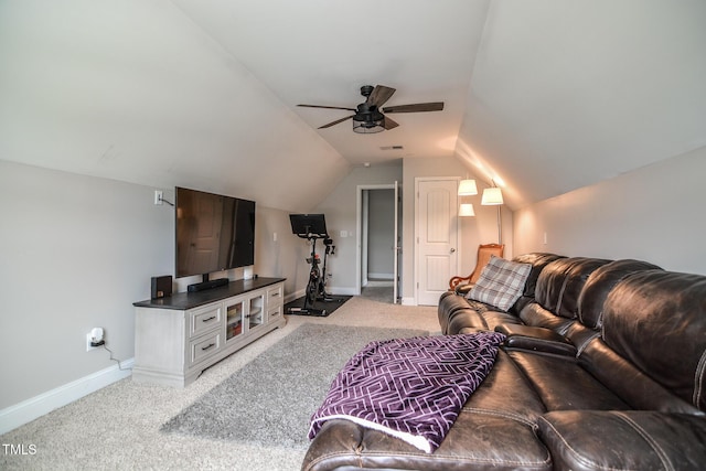 77 Redpine Ct, Clayton, NC 27520 - living area featuring a ceiling fan, light carpet, baseboards, and lofted ceiling