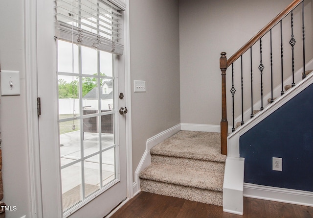 77 Redpine Ct, Clayton, NC 27520 - entryway with stairway, wood finished floors, and baseboards