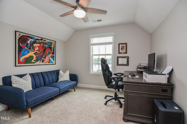 77 Redpine Ct, Clayton, NC 27520 - office space featuring vaulted ceiling, ceiling fan, light carpet, and baseboards