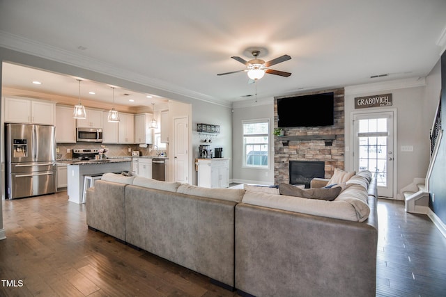 77 Redpine Ct, Clayton, NC 27520 - living room featuring ceiling fan, plenty of natural light, a stone fireplace, baseboards, and ornamental molding