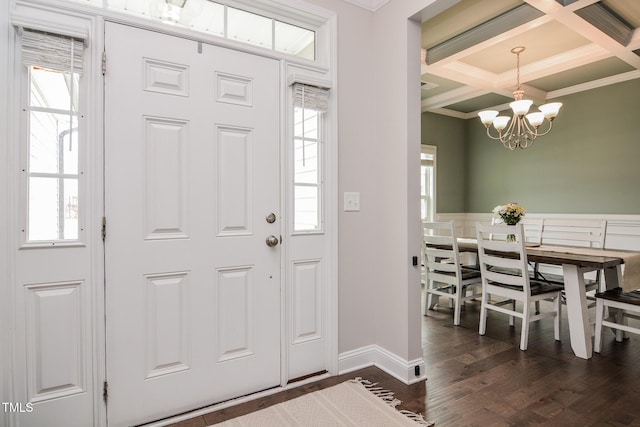 77 Redpine Ct, Clayton, NC 27520 - entrance foyer with ornamental molding, coffered ceiling, beamed ceiling, a chandelier, and dark wood-style flooring