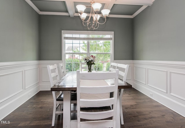 77 Redpine Ct, Clayton, NC 27520 - dining space with a chandelier, coffered ceiling, ornamental molding, a wainscoted wall, and dark wood-type flooring