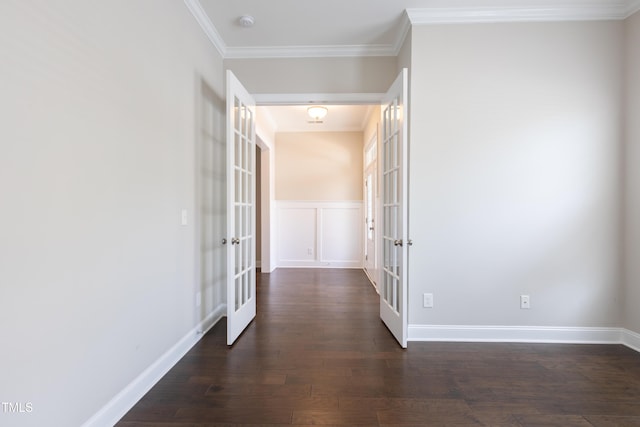 1217 Great Egret Way, Durham, NC 27713 - hall with french doors, dark wood finished floors, ornamental molding, and baseboards