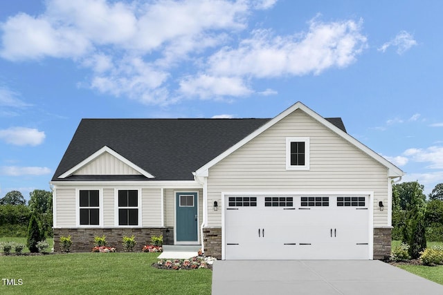 303 Rothbury Ct, Sanford, NC 27330 - view of front of home with stone siding, concrete driveway, a front yard, and a shingled roof