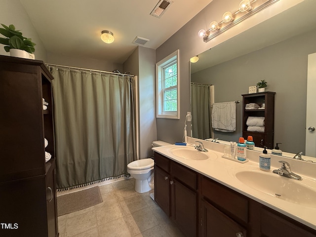 148 Langston Ridge Dr, Angier, NC 27501 - full bath featuring double vanity, toilet, a shower with curtain, and tile patterned flooring