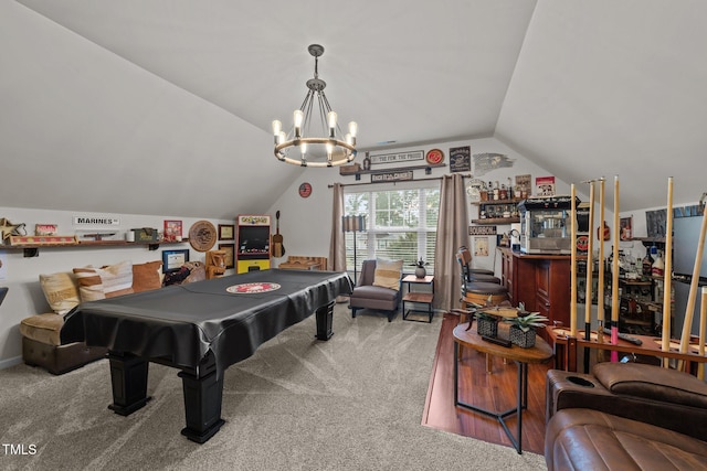 8132 Wheeler Woods Dr, Apex, NC 27539 - recreation room featuring carpet, vaulted ceiling, a chandelier, and billiards table