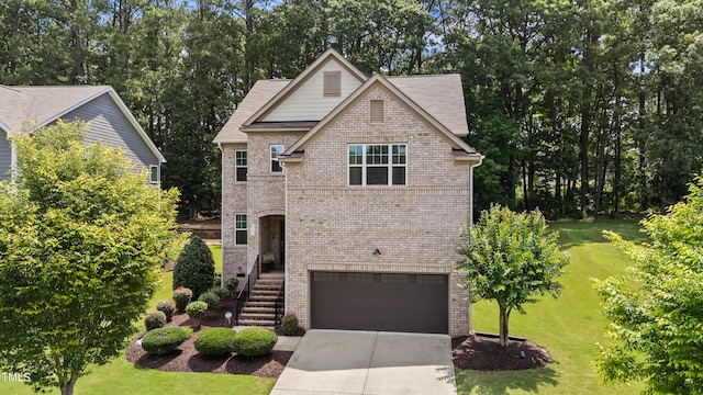 8132 Wheeler Woods Dr, Apex, NC 27539 - traditional-style house featuring an attached garage, brick siding, a front lawn, and driveway