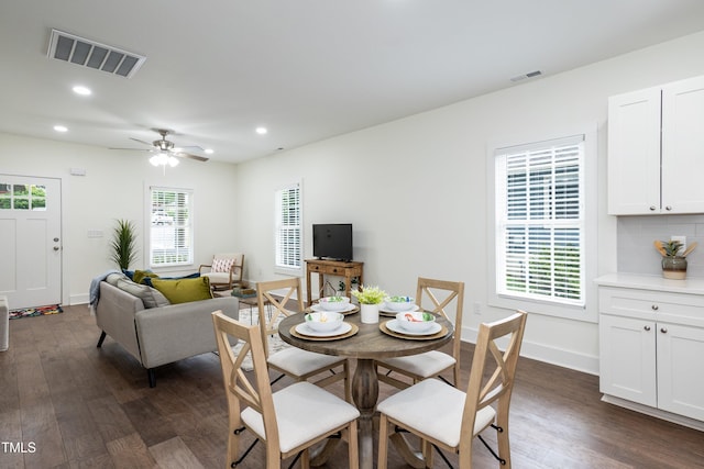 1318 N Alston Ave, Durham, NC 27701 - dining area with dark wood finished floors, recessed lighting, a ceiling fan, and baseboards