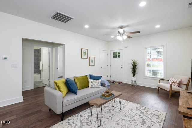 1318 N Alston Ave, Durham, NC 27701 - living area featuring dark wood-style flooring, recessed lighting, a ceiling fan, and baseboards