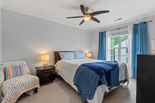 5505 Heather Garden Way, Raleigh, NC 27613 - carpeted bedroom featuring crown molding and a ceiling fan