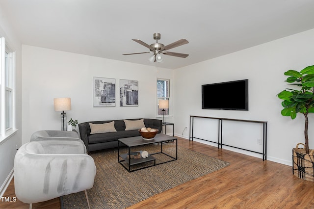 828 Cotton Pl, Raleigh, NC 27601 - living room with wood finished floors, ceiling fan, and baseboards