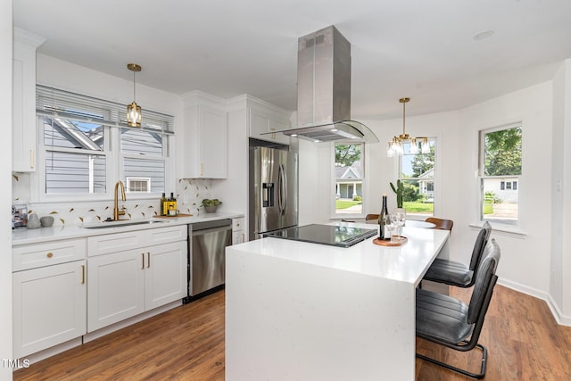 828 Cotton Pl, Raleigh, NC 27601 - kitchen featuring island range hood, appliances with stainless steel finishes, a sink, wood finished floors, and white cabinets