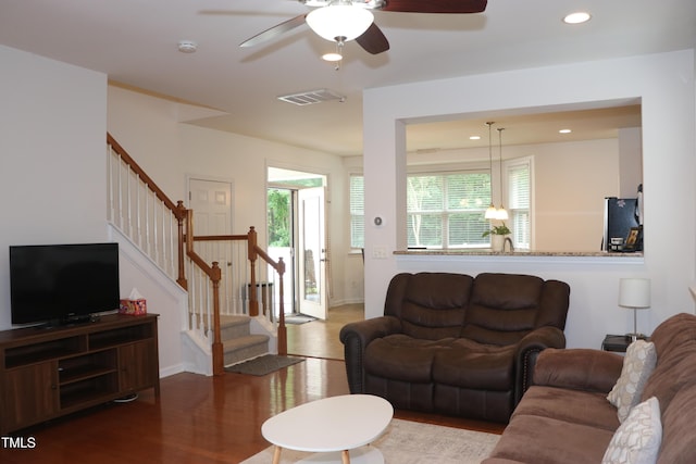 407 Elm Farm Pl, Morrisville, NC 27560 - living room with wood finished floors, stairway, a ceiling fan, recessed lighting, and baseboards