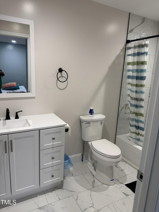 403 Oak St, Roanoke Rapids, NC 27870 - full bathroom with vanity, shower / bath combo, marble look tile flooring, toilet, and baseboards