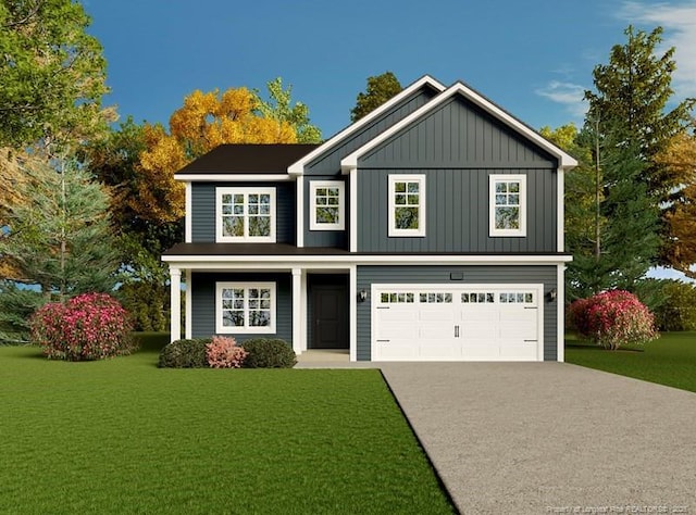 3937 Blue Springs Rd, Red Springs, NC 28377 - traditional home with concrete driveway, a front yard, a garage, and board and batten siding