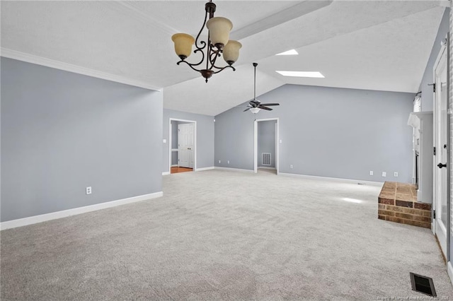 1608 Piney Creek Pl, Fayetteville, NC 28304 - unfurnished living room with a chandelier, a ceiling fan, carpet, baseboards, and lofted ceiling