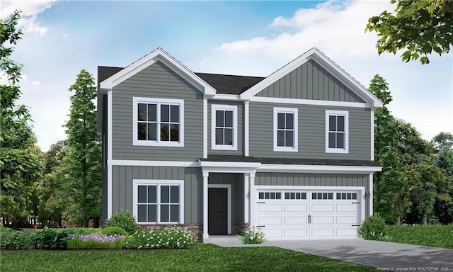 4013 Blue Springs Rd, Red Springs, NC 28377 - view of front facade with board and batten siding, a garage, concrete driveway, and roof with shingles