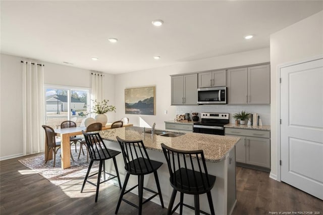 233 Hartfield Ave, Raeford, NC 28376 - kitchen featuring stainless steel appliances, gray cabinets, a sink, a kitchen island with sink, and a breakfast bar area