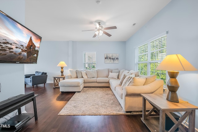 6729 Osprey Landing Dr, Wendell, NC 27591 - living room featuring a ceiling fan, plenty of natural light, and dark wood-style floors