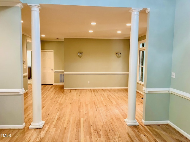1512 Cumberland Rd, Chapel Hill, NC 27514 - unfurnished room with wood finished floors, baseboards, decorative columns, recessed lighting, and ornamental molding