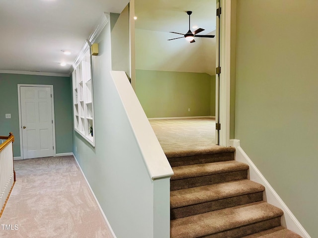 1512 Cumberland Rd, Chapel Hill, NC 27514 - stairway featuring carpet flooring, a ceiling fan, baseboards, and crown molding