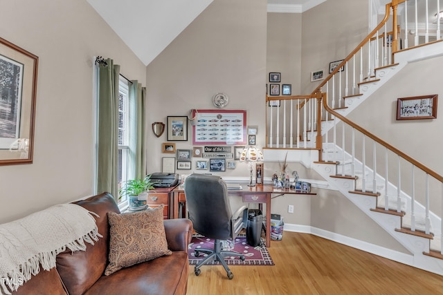 7613 Percy Ct, Raleigh, NC 27613 - home office with high vaulted ceiling, wood finished floors, and baseboards