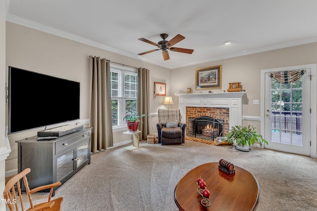 7613 Percy Ct, Raleigh, NC 27613 - living area with carpet floors, ornamental molding, ceiling fan, and a fireplace