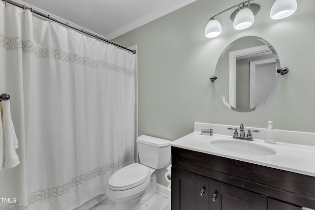 7613 Percy Ct, Raleigh, NC 27613 - full bathroom with crown molding, toilet, vanity, a shower with shower curtain, and baseboards