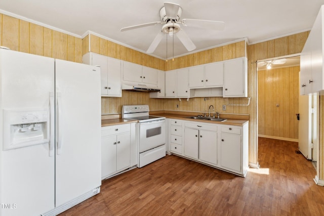 3115 Legion Rd, Hope Mills, NC 28348 - kitchen featuring white appliances, under cabinet range hood, ceiling fan, white cabinetry, and crown molding