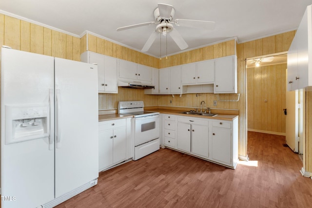 3115 Legion Rd, Hope Mills, NC 28348 - kitchen featuring white appliances, under cabinet range hood, light wood-type flooring, a ceiling fan, and white cabinets