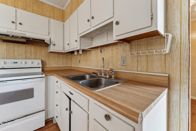 3115 Legion Rd, Hope Mills, NC 28348 - kitchen with white electric range, under cabinet range hood, and white cabinets