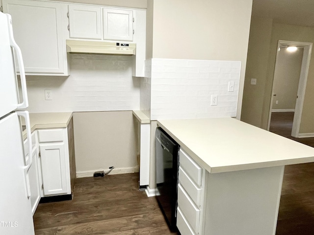 411 Gooseneck Dr Unit A1, Cary, NC 27513 - kitchen with freestanding refrigerator, under cabinet range hood, a peninsula, black dishwasher, and dark wood-style floors