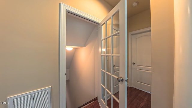 3408 Mount Pisgah Way, Cary, NC 27519 - hallway with dark wood-type flooring and vaulted ceiling