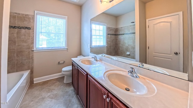 3408 Mount Pisgah Way, Cary, NC 27519 - bathroom with double vanity, baseboards, toilet, tile patterned flooring, and shower / bathtub combination