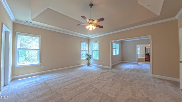3408 Mount Pisgah Way, Cary, NC 27519 - spare room featuring a raised ceiling, light carpet, a ceiling fan, baseboards, and ornamental molding