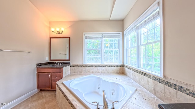3408 Mount Pisgah Way, Cary, NC 27519 - full bath featuring vanity, a jetted tub, tile patterned floors, and baseboards