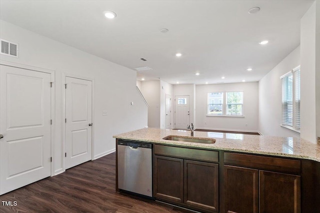 3064 Spline Cir, Raleigh, NC 27610 - kitchen featuring dishwasher, a sink, dark wood-style flooring, light stone countertops, and recessed lighting