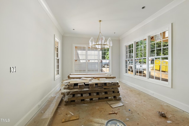 1229 Dixie Trl, Raleigh, NC 27607 - unfurnished dining area with crown molding and a chandelier