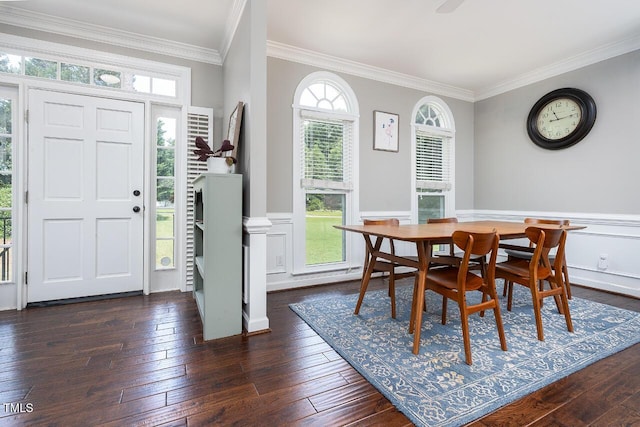 3901 Phlox Rd, Raleigh, NC 27616 - dining area featuring dark wood-style flooring, ornamental molding, healthy amount of natural light, and wainscoting