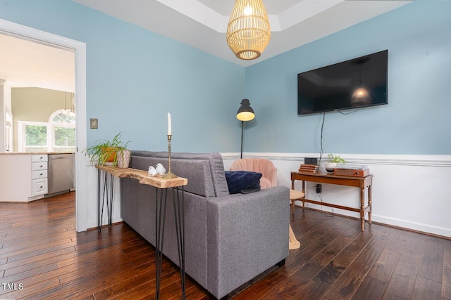 3901 Phlox Rd, Raleigh, NC 27616 - living area featuring dark wood-style floors and a chandelier
