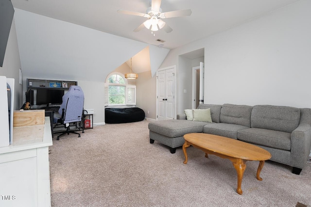 3901 Phlox Rd, Raleigh, NC 27616 - living area featuring ceiling fan, carpet floors, lofted ceiling, and a desk