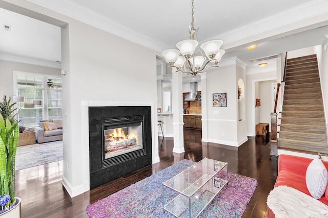 1808 Pennypacker Ln, Durham, NC 27703 - living room with hardwood / wood-style flooring, stairway, crown molding, baseboards, and a glass covered fireplace