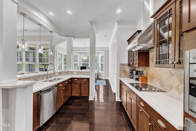 1808 Pennypacker Ln, Durham, NC 27703 - kitchen featuring stainless steel dishwasher, a sink, black electric cooktop, light countertops, and ornamental molding