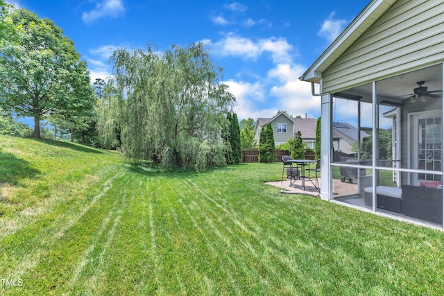 1808 Pennypacker Ln, Durham, NC 27703 - view of grassy yard featuring a patio area, ceiling fan, and a sunroom