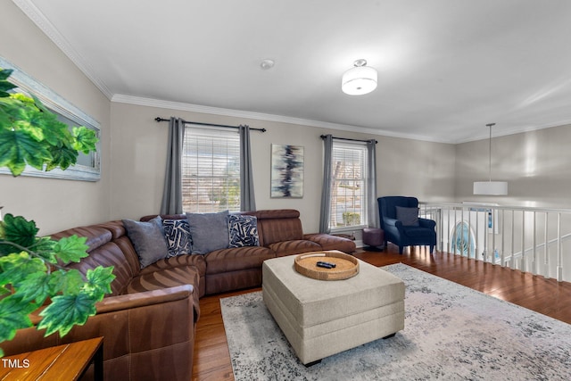 5412 Farley Dr, Raleigh, NC 27609 - living room featuring wood finished floors, healthy amount of natural light, and crown molding