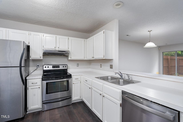 105 Sir Richard Ln, Chapel Hill, NC 27517 - kitchen with stainless steel appliances, under cabinet range hood, a sink, dark wood finished floors, and a textured ceiling