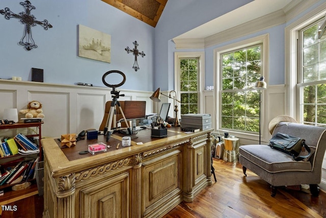 4720 Yates Mill Pond Rd, Raleigh, NC 27606 - office space with a decorative wall, vaulted ceiling, light wood-style flooring, wainscoting, and healthy amount of natural light