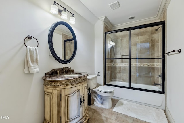 4720 Yates Mill Pond Rd, Raleigh, NC 27606 - bathroom featuring toilet, vanity, enclosed tub / shower combo, and crown molding