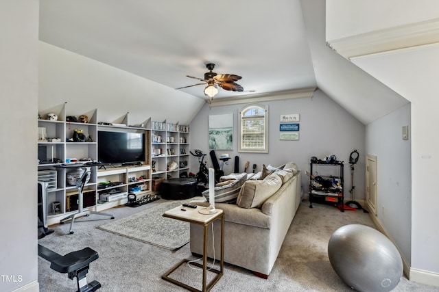 4720 Yates Mill Pond Rd, Raleigh, NC 27606 - living room with carpet floors, vaulted ceiling, and a ceiling fan